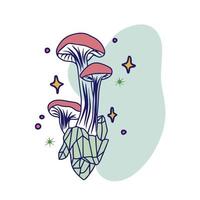 Fairy mushroom with crystals and stars, outline drawing, graphics vector