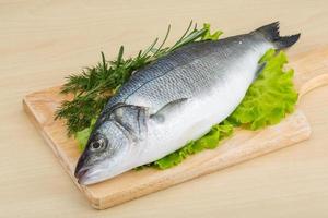 Raw seabass on wooden board and wooden background photo