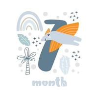 7 seven months Baby boy anniversary card metrics. Baby shower print with cute animal dino, flowers and palm capturing all special moments. Baby milestone card for newborn vector