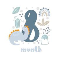 8 métricas de tarjeta de aniversario de bebé de ocho meses. impresión de baby shower con un lindo animal dino, flores y palmeras que capturan todos los momentos especiales. tarjeta de hito de bebé para recién nacido vector