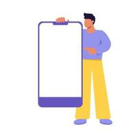 vector diminuto hombre de pie y apuntando a una gran pantalla de smartphone en blanco. plantilla de teléfono móvil. pantalla de teléfono móvil vacía con espacio de copia. ilustración plana