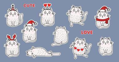 set of stickers white cats in festive clothes, in Santa hat, hat with horns, birthday hat, with garland of hearts, different - sit and lie, resentment. Vector illustration for design