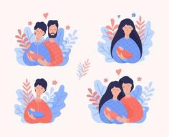 Set of vector illustration Happy LGBT Family. Male and Female gay couples with their newborn baby. Happy parenthood.