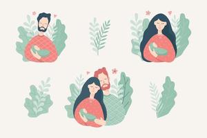 Young Mother and Father with Newborn Baby. Happy family set. vector
