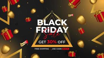 Black Friday Super Sale banner with red gift box,coins,coupon,shopping bag and product podium scene. Realistic black gifts boxes. realistic red gifts box with gold confetti. Horizontal holiday poster, vector