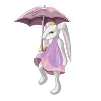 Vector image of a bunny or rabbit in a dress with an umbrella. Cartoon style. Isolated on white background. EPS 10