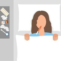 niña gripa o resfriada en la cama con temperatura. mujer fría estacional con medicamento. ilustración vectorial