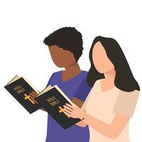 dos personas leyendo una biblia. dos humanos leen un libro. hombre africano leyendo y mujer europea leyendo vector