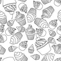 Seamless sweet pattern with cupcake or muffin in doodle style line art hand draw vector illustration.