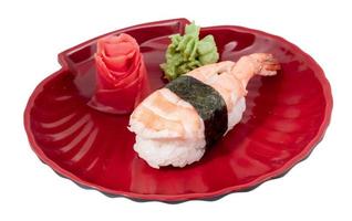 Shrimp sushi closeup isolated on white background photo