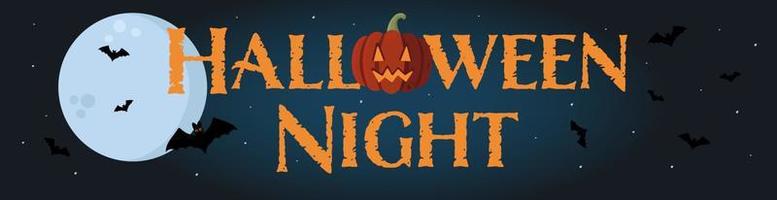 banner de vector de noche de halloween con luna llena, jack o'lantern y murciélagos en el cielo. perfecto para sitios web, redes sociales, materiales impresos, etc.