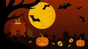 Halloween Vector Background With Night Cemetery Landscape. Graves, Skulls, Bones, Witch Cauldron, Broom, Black Cat, Jack O'Lantern, Bats. Perfect for Web Sites, Printed Materials, Social Media, etc.