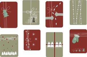 conjunto de regalos navideños y cajas de embalaje con adornos, arco, árbol de navidad, nieve, manopla, patas de gato, estrella, cinta vector