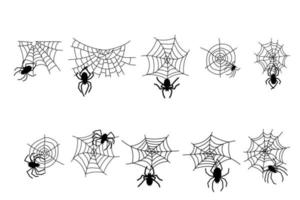 Halloween monochrome spider web and spiders isolated on white background. Vector illustration