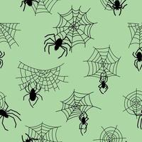 Black spider and web seamless pattern. Scary spiderweb of Halloween symbol. Vector illustration isolated on orange background.