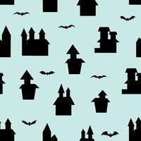 Black house and bat seamless pattern. Scary building of Halloween symbol. Vector illustration isolated on color background.