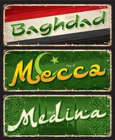 Baghdad, Mecca, Medina city travel sticker plates vector