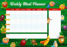 Weekly meal planner with cartoon fruits heroes vector