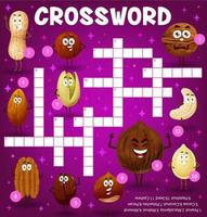 Cartoon nut characters, crossword puzzle game grid vector