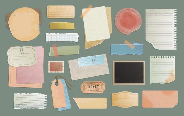 Scrapbook paper notes, torn page stickers or memos