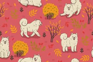 Seamless autumn pattern with white samoyed dogs. Vector graphics.