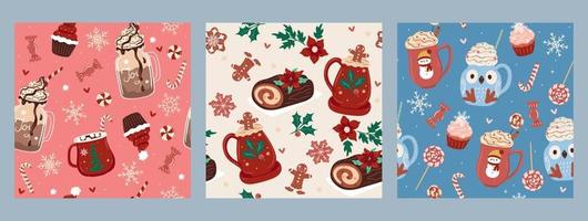 Set of seamless patterns with winter drinks and sweets. Vector graphics.