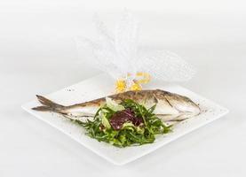 Dorada fish with salad on the white plate. Studio shot photo