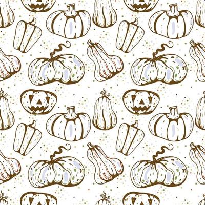 Autumn seamless vector pattern with pumpkins and fall leaves. Hand drawn illustration.
