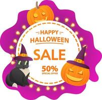 venta de banner festivo de halloween con un gatito negro y un sombrero y una calabaza y guirnaldas. ofrece una ilustración de vector .flat de descuento de 50.