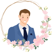 logo de couronne de jeune couple de mariage de dessin animé mignon dans une couronne de fleurs de cerisier png