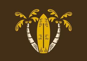 Surfboard with two coconut trees retro vintage art drawing vector