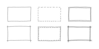 Free hand drawn rectangle frames set. Doodle rectangular shape. Scribble pencil square text box. Doodle highlighting design elements. Line border. Vector illustration isolated on white background