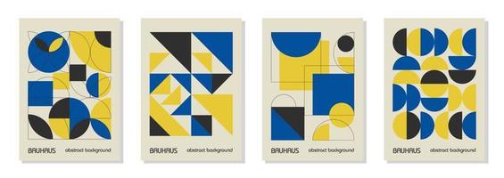 Set of 4 minimal vintage 20s geometric design posters, wall art, template, layout with primitive shapes elements. Bauhaus retro pattern vector background, blue, yellow and black Ukrainian flag colors