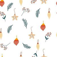 bolas de cristal de navidad de patrones sin fisuras. dibujar a mano juguetes de árbol de navidad de vidrio, bayas y ramitas. vacaciones de navidad patrón de invierno, papel de regalo, scrapbooking, fondo. ilustración vectorial vector