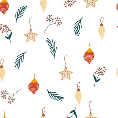 Christmas glass balls seamless pattern. Hand draw Glass Christmas tree toys, berries and twigs. Xmas holiday. Winter pattern, wrapping paper, scrapbooking, background. Vector illustration