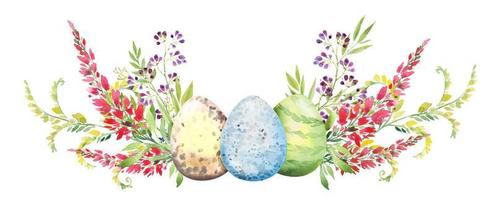 Easter flower composition with red and yellow flowers, branches, leaves and eggs. Bouquet of flowers, watercolor illustration. vector