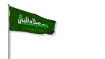 eid mawlid een nabi, eid milad un nabi vlag golvend 3d weergave, verjaardag van de Islamitisch profeet Mohammed pbuh 12e hondsdolheid al ach, chroma sleutel, luma matte selectie van vlag video