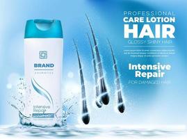 Realistic man hair shampoo care lotion with splash vector
