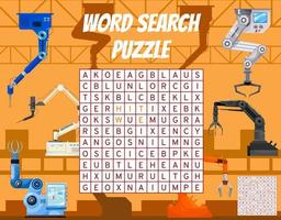 Robot arms on factory word search game worksheet vector