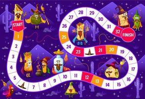 Kids board step game, cartoon Mexican food wizards vector