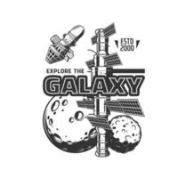 Galaxy exploration icon, planets and spaceship vector