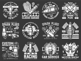 Motor show, car and motorcycle service icons vector