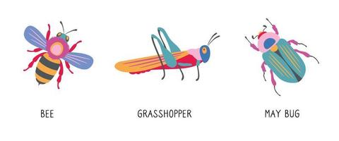 Cute cartoon insects. Funny bee, grasshopper and may bug. Colorful isolated vector illustration set of icons.