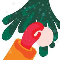 A mittened hand holds a snow globe. Vector Christmas card. Green Christmas tree. Snowy weather outside. Winter.