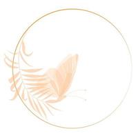 Round frame with Plumeria flower and butterfly. Vector stock illustration. Delicate butterfly wings. Elegant design for invitations, postcards, avatars for social networks. Isolated on a white