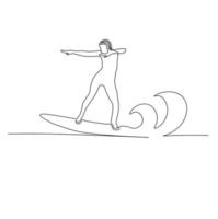 Surfing girl on the waves. Recreation, sports. Vector stock illustration. Isolated on a white background.
