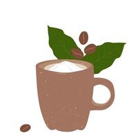 Small coffee mug vector stock illustration. A fragrant hot drink. Medium roasted coffee beans. Isolated on a white background.