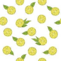 Lemon and mint leaves. Seamless vector pattern. Slices of sliced yellow citrus. Ripe fruits and green leaves. Background.