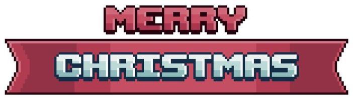 Pixel art merry christmas on red banner. Christmas ribbon vector icon for 8bit game on white background