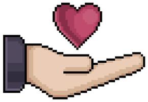 Pixel art hand holding heart vector icon for 8bit game on white background